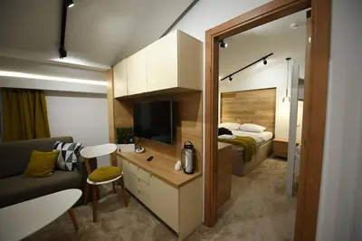 a room with a bed and a television and a couch at Apartmani Marija in Kopaonik