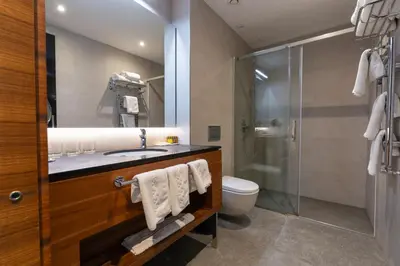 a bathroom with a sink and a toilet and a shower at Hotel Tonanti in Vrnjačka Banja
