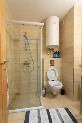 a bathroom with a toilet and a glass shower stall at Apartmani Pezerović in Soko Banja