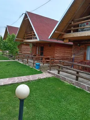 a log cabin with a white ball in front of it at Vila Viktori in Pirot