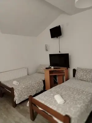 a living room with two beds and a tv at 6 topola in Despotovac