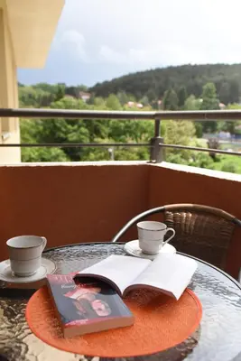 a table with two cups and a book on it at Apartman Kaja in Vrnjačka Banja