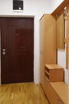 a closet with a brown door and wooden cabinets at Apartman Kaja in Vrnjačka Banja