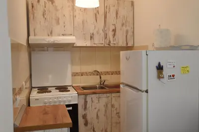 a kitchen with wooden cabinets and a white refrigerator at Apartman Kaja in Vrnjačka Banja