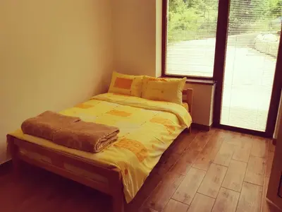 a small bed in a room with two windows at Sobe Gmitrovic in Rtanj
