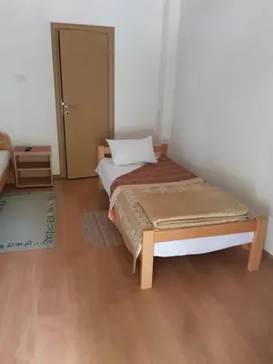 a bedroom with a bed and a wooden floor at Sobe Gmitrovic in Rtanj