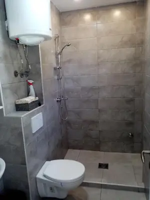 a bathroom with a toilet and a shower at Apartmani MIDUĆI in Vrnjačka Banja