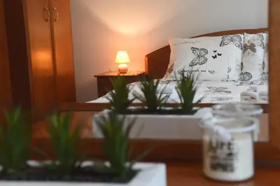 a bedroom with a bed with a pillow and plants at Apartman LM in Vrnjačka Banja
