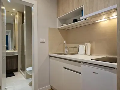a small kitchen with a sink and a toilet at PRONTO apartman & PRONTO studios in Kruševac
