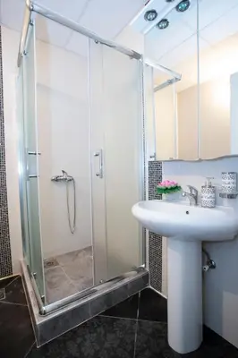 a bathroom with a shower and a sink at Venus in Niš