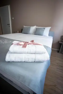a bedroom with a bed with towels on it at Venus in Niš