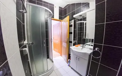 a bathroom with a shower and a sink and a toilet at Apartmani Bellini in Soko Banja
