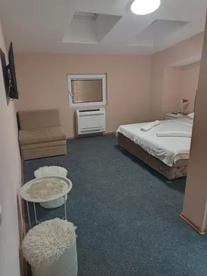 a bedroom with a bed and a chair and a window at VILIN in Niš