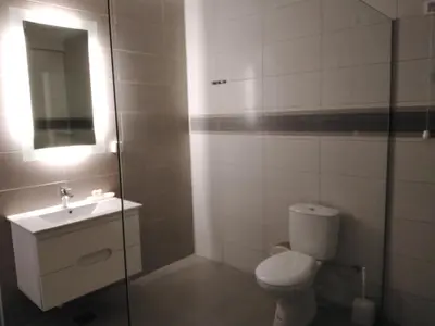 a bathroom with a toilet and a sink and a mirror at VILIN in Niš