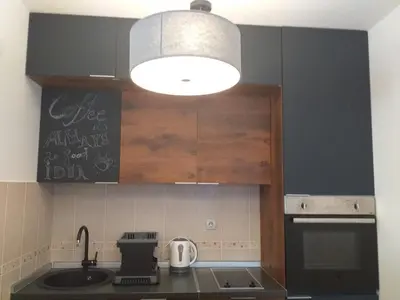 a kitchen with black cabinets and a sink and a light at Sanjar in Vrnjačka Banja