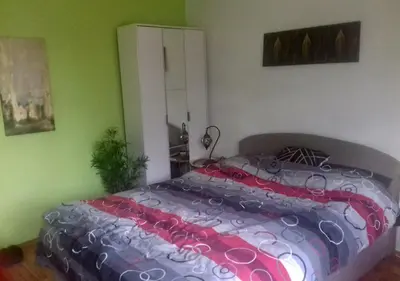 a bedroom with a large bed with a colorful comforter at DUŠICA APARTMANI in Jagodina