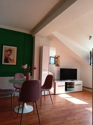 a living room with a table and a green wall at DUŠICA APARTMANI in Jagodina