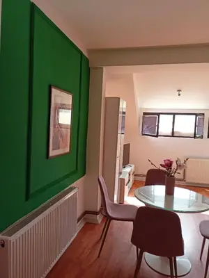 a green wall in a room with a table and chairs at DUŠICA APARTMANI in Jagodina