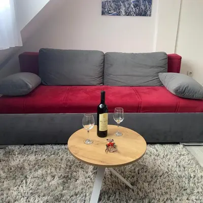 a couch with a bottle of wine and two glasses on a table at Uni Kop in Brzeće