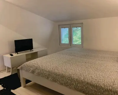 a bedroom with a bed and a tv and a window at Uni Kop in Brzeće