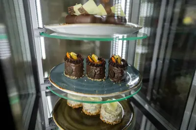 a display case with several chocolate cakes and other desserts at Hotel Ramonda in Boljevac