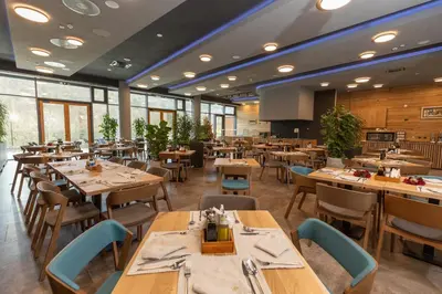 a restaurant with wooden tables and chairs and windows at Hotel Ramonda in Boljevac