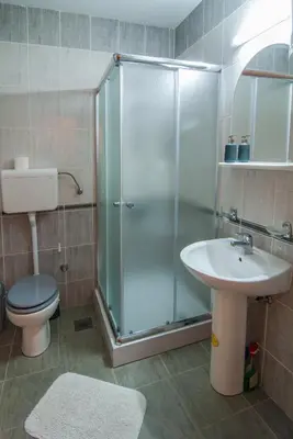 a bathroom with a shower and a toilet and a sink at Apartments Raj in Vrnjačka Banja