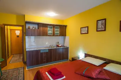 a bedroom with a bed and a sink and a kitchen at Apartments Raj in Vrnjačka Banja