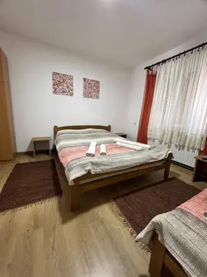 a bedroom with a bed and two rugs at Vojin i Lena in Soko Banja