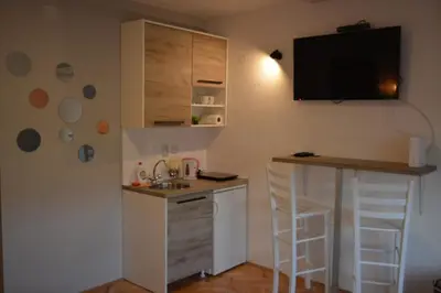 a kitchen with a sink and a counter with a bar at VIV apartment 1 in Niš