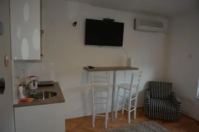 a kitchen with a sink and a table and a tv on the wall at VIV apartment 1 in Niš