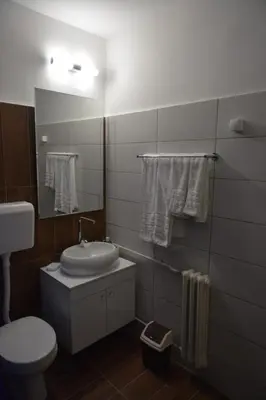 a bathroom with a sink and a toilet and a mirror at VIV apartment 2 in Niš