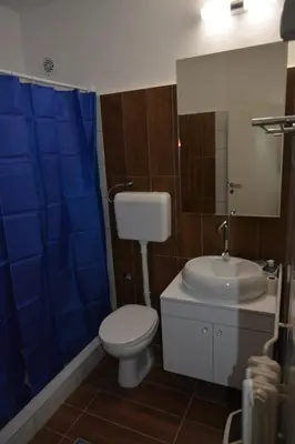 a bathroom with a toilet and a sink and a blue shower curtain at VIV apartment 2 in Niš