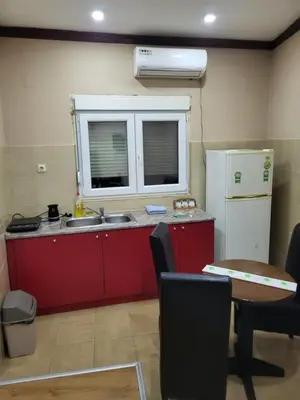 a kitchen with a sink and a refrigerator and a table at Apartments Day Off in Aleksinac