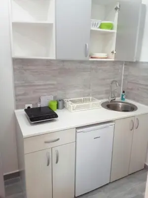 a white kitchen with a sink and a counter at Pavicevic in Soko Banja