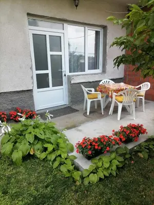 a patio with a table and chairs and a door at Pavicevic in Soko Banja