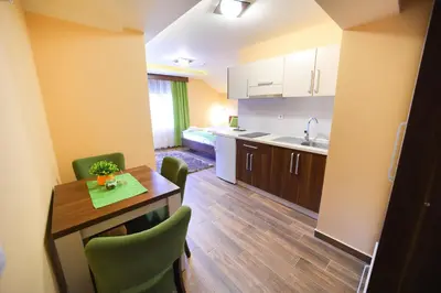 a kitchen and dining room with a table and chairs at Vila Almax in Soko Banja