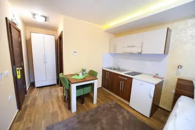 a small room with a table and a kitchen at Vila Almax in Soko Banja