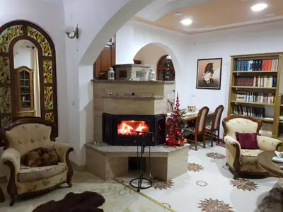 a living room with a fireplace and a christmas tree at Knez Apartmani in Senje