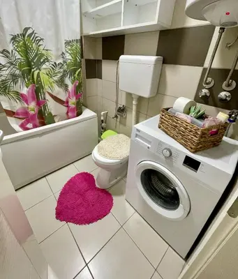 a bathroom with a washing machine and a pink rug at La Apartamento in Jagodina