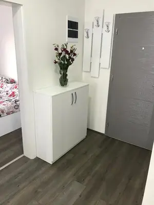 a room with a white cabinet with a vase of flowers on it at La Apartamento in Jagodina