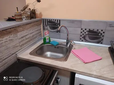 a kitchen with a sink and a stove at Apartmani Marić In in Vrnjačka Banja