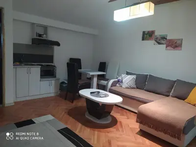 a living room with a couch and a table at Apartmani Marić In in Vrnjačka Banja