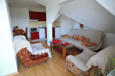 a living room with a couch and a table at Apartmani Djokić sa bazenom in Soko Banja