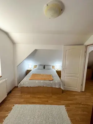 a bedroom with a bed and a white ceiling at Apartmani Djokić sa bazenom in Soko Banja