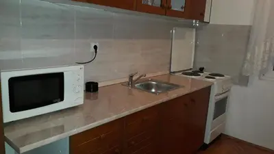 a kitchen with a sink and a microwave at Apartman Lela in Vranje
