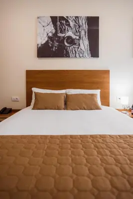 a bedroom with a large bed with a wooden headboard at Sajam B&B in Leskovac