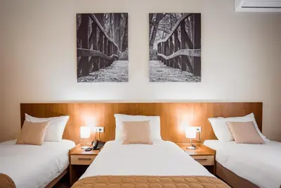 two beds in a room with two pictures on the wall at Sajam B&B in Leskovac