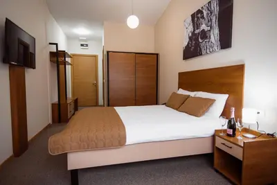 a bedroom with a large bed and a television at Sajam B&B in Leskovac