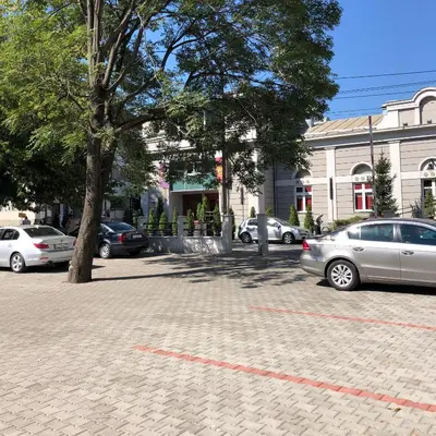a parking lot with cars parked next to a tree at Sajam B&B in Leskovac